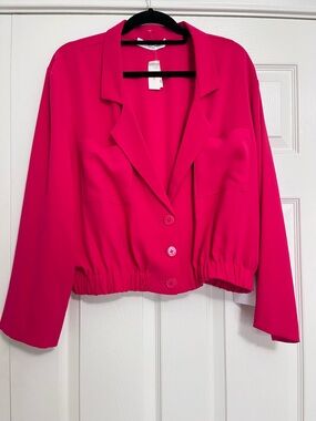 Amanda Uprichard Women's Albany Elastic Waist Button Up Cropped Jacket hot pink